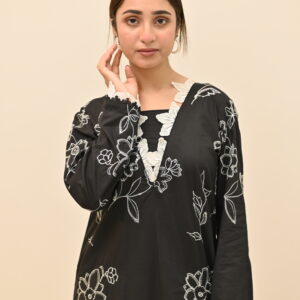 Black embroidered shirt with white floral detailing